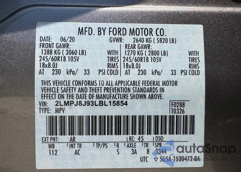 2020 Lincoln Nautilus from USA, damaged, VIN 2LMPJ8J93LBL15854